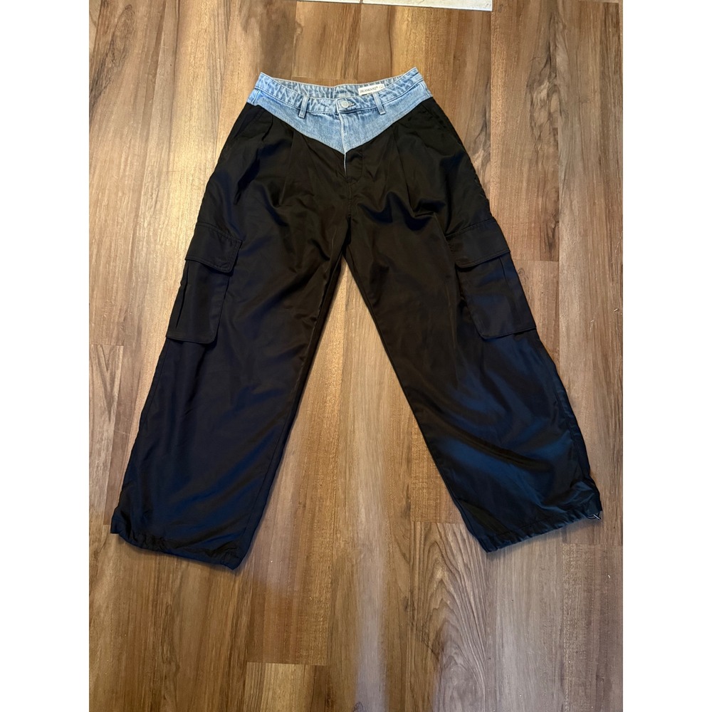 BlankNYC Mixed Media Cargo Pants Black Wide Leg Denim Waist Womens 28